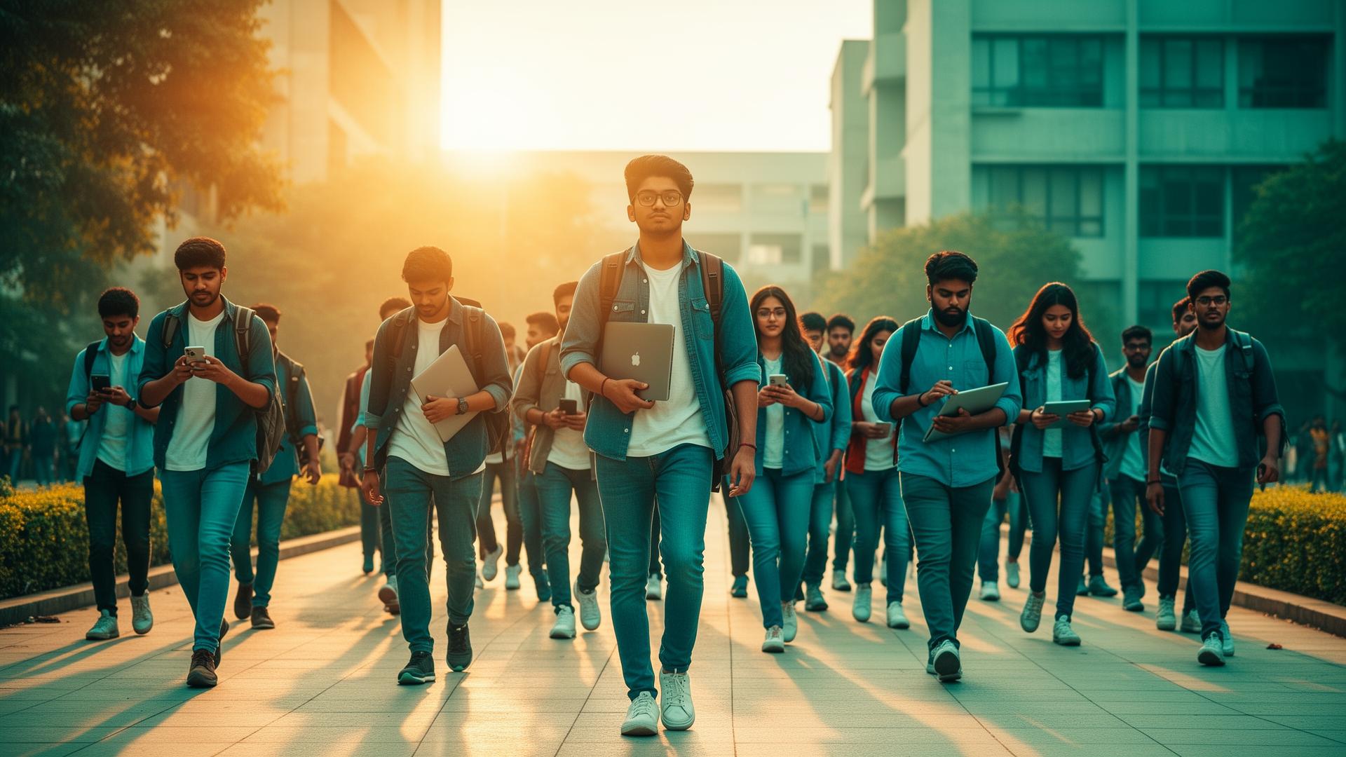 Indian Gen-Z engineering students walking confidently on campus